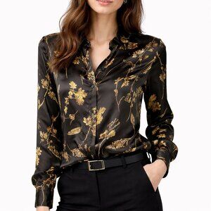 Elie Tahari Black Gold Floral Silky Button Down Blouse S Workwear Quiet Luxury